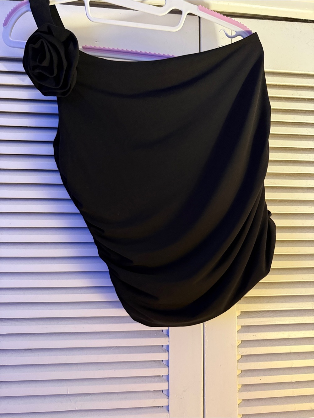Moa Moa Black Asymmetrical One-Shoulder Draped Skirt with Rosette Strap